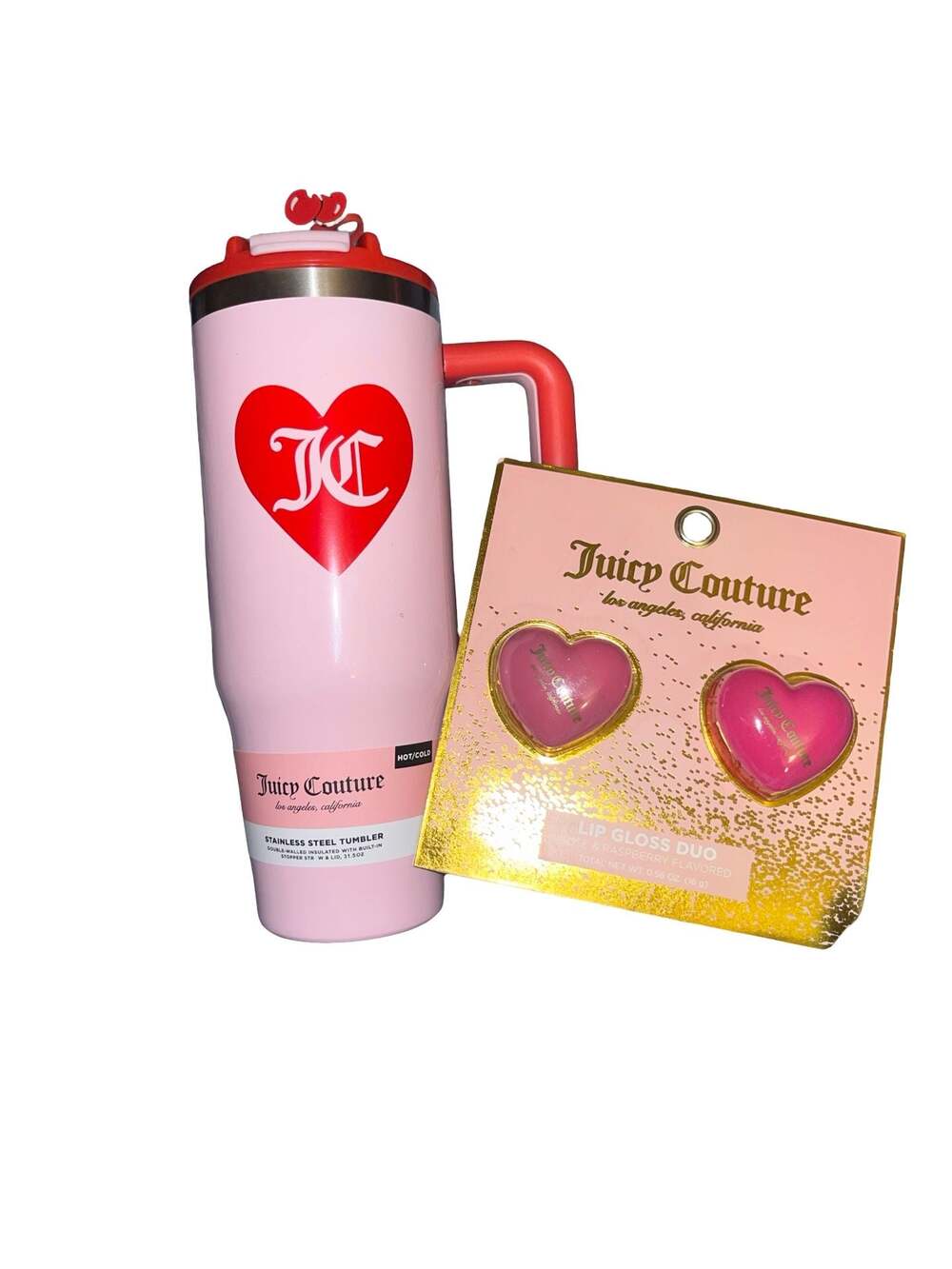 Juicy Couture 31.5oz Pink Heart Stainless Steel Tumbler with Cherry Straw Topper